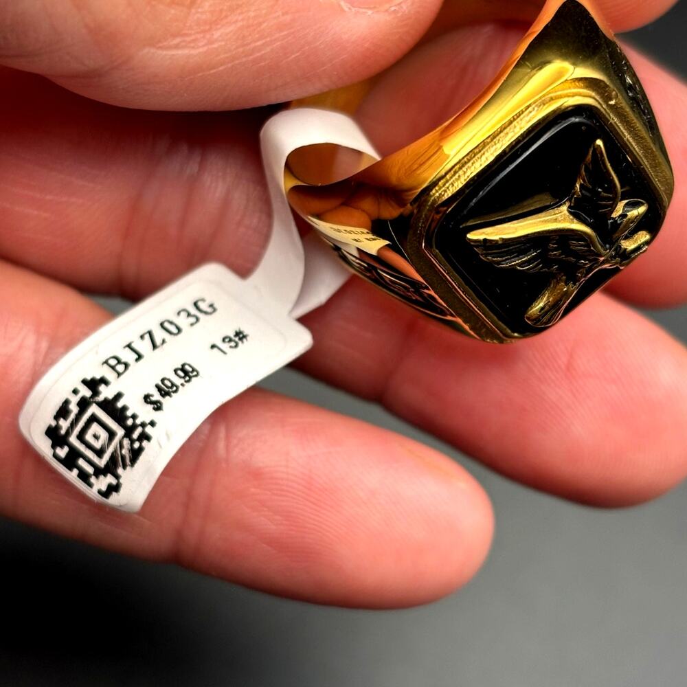Blackjack BJZ03G Mens Onyx Eagle Ring 18K Gold Plated Stainless Steel NWT SZ#13 - Picture 15 of 16